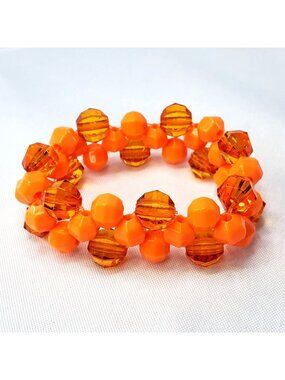 Orange & Amber Colored Beaded Stretch Bracelet Facetted Retro